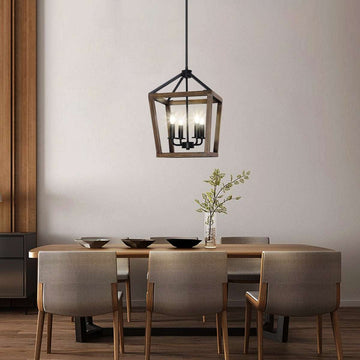 4-Light Chandelier Rustic Metal Pendant Light, Adjustable Height Square Pendant Ceiling Hanging Light Fixture with Oil Rubbed Bronze Finish